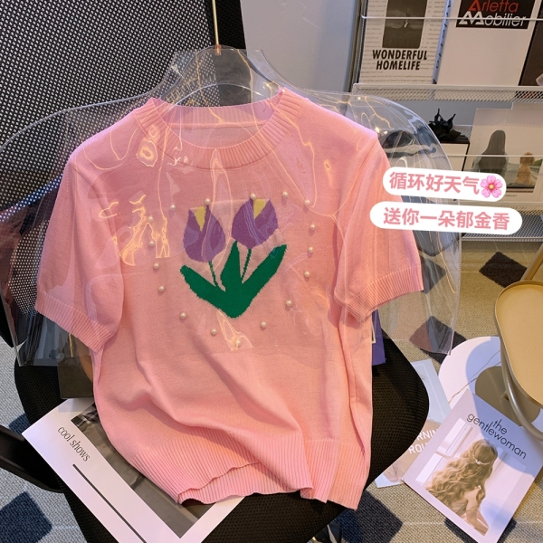 KM11850#欧货2022年女装粉色立体花朵钉珠短袖针织衫女装夏季新款衣