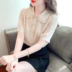 批发2026<b class='q'>娃娃领</b>蕾丝<b class='q'>雪纺衫</b>法式短袖很仙的上衣超仙衬衣女夏季薄款衬衫