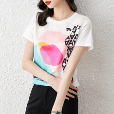 批发重磅仿<b class='q'>缎面</b>真丝2026新款数码印花宽松圆领韩版时尚T恤上衣