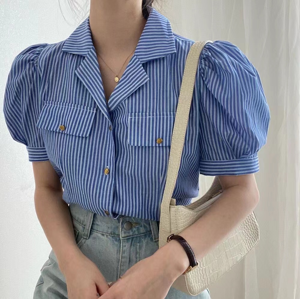 있음 창고 한국 chic 여름 새로운 프랑스식 작은 대중 스트라이프 폴로 칼라 거품 소매 셔츠