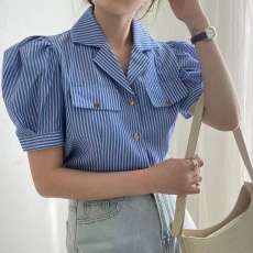 批发韩国chic夏季新款法式小众条纹翻领泡泡袖衬衫