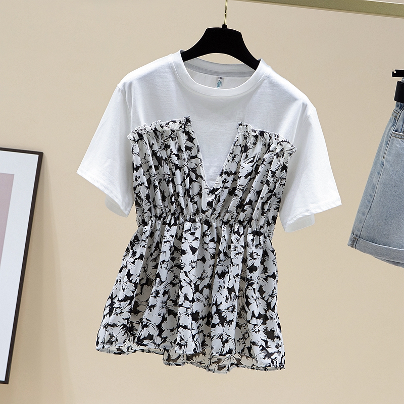 RY2484# 碎花收腰上衣女夏短袖设计感小众2026年新款拼接娃娃衫法式t恤潮
