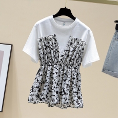 批发碎花收腰上衣女夏短袖设计感小众2026年新款拼接<b class='q'>娃娃衫</b>法式t恤潮