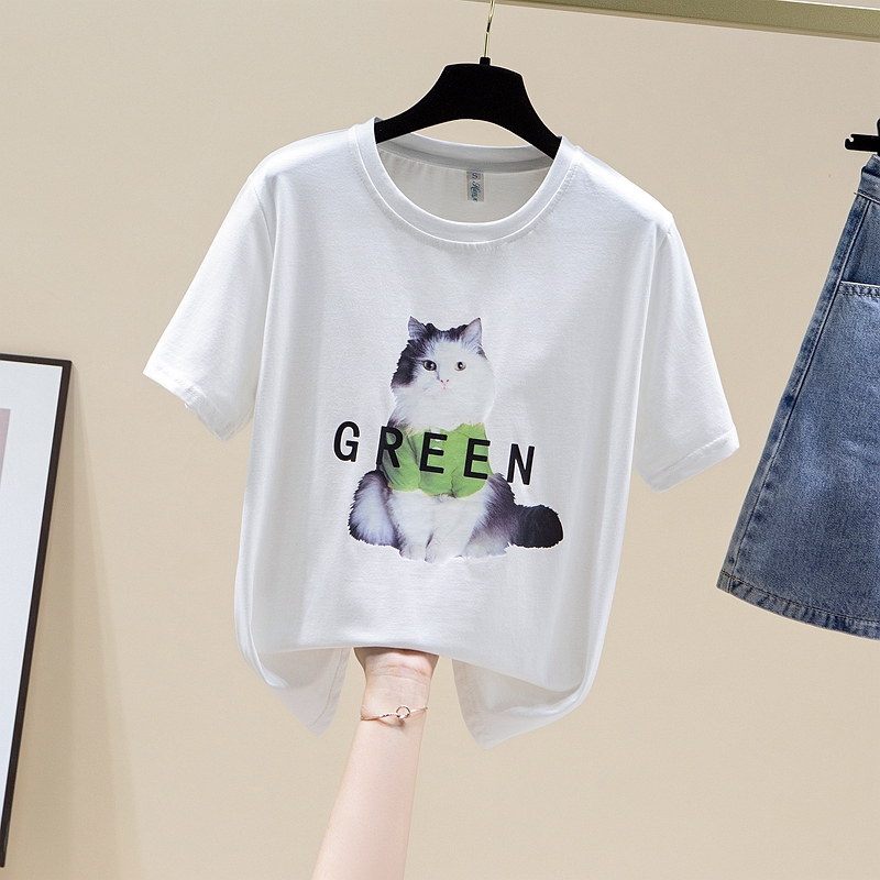 RY2482# 印花白色短袖T恤女2026年夏新款设计感小众宽松纯棉上衣