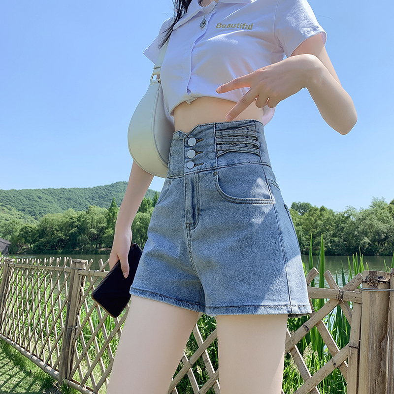 Real shot of high-waisted denim shorts for women, summer thin, 2024 new slim hot girl a-line loose wide-leg hot pants
