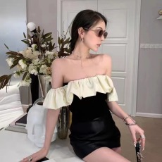 批发买手店设计师品牌2022年纯色<b class='q'>短袖</b>立体荷叶领装饰上衣女