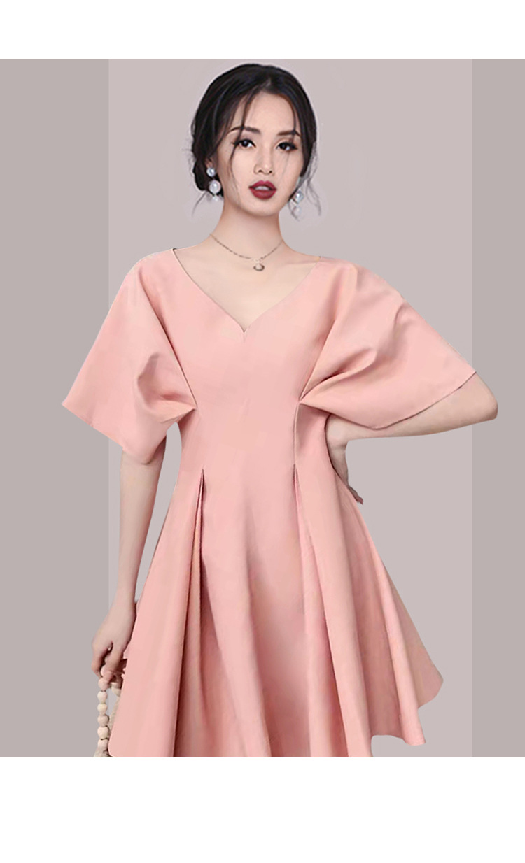 2022夏款时尚收腰褶皱显瘦连衣裙橘粉色洋气少女气质裙子_佰盈服饰46