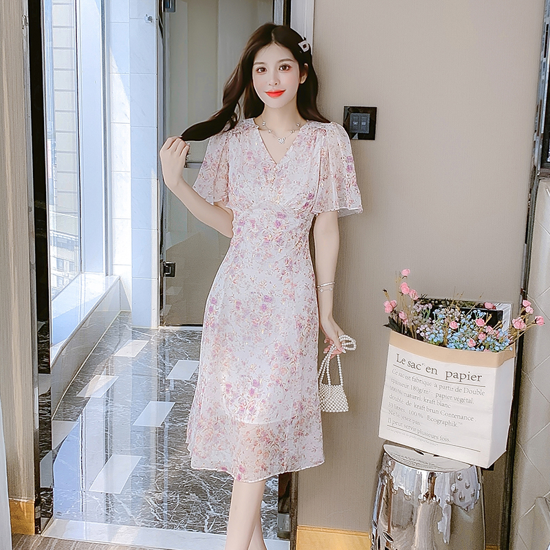 RY146# 2026夏季新款碎花雪纺连衣裙法式初恋系高腰V领日常小清新仙...