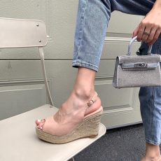 批发坡跟麻绳厚底防水台日常纯色鱼嘴绒面甜美蝴蝶结凉鞋