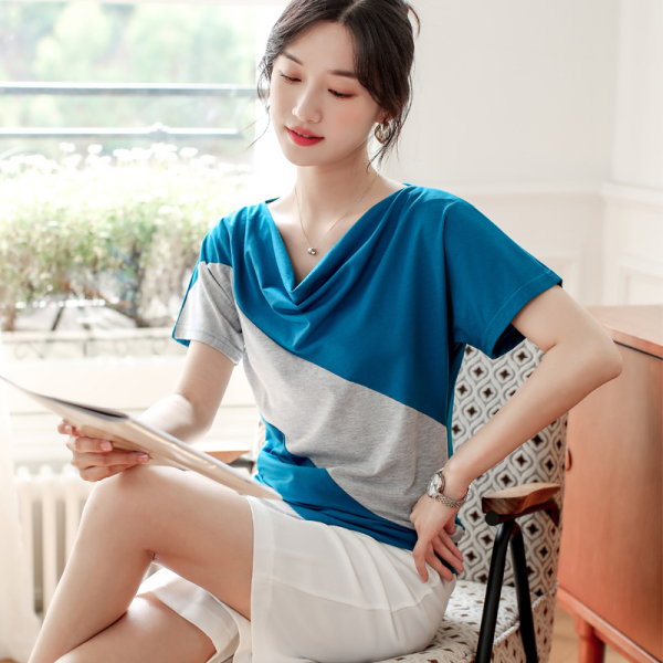 KM13528#夏季韩版女装堆堆领短袖T恤拼接修身显瘦大码上衣