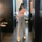 减龄套装女夏装V领抽绳短款t恤女侧条纹垂感阔腿运动裤套装两件套轮播图3