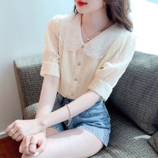 批发双层<b class='q'>娃娃领</b>雪纺衬衫女夏季2026新款设计感小众泡泡袖衬衣减龄上衣