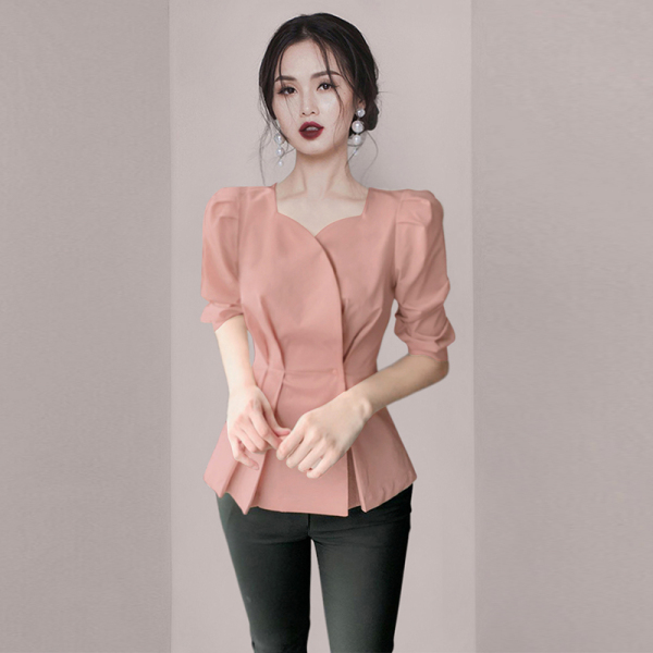 KM13507#夏装新款韩版通勤职业装气质衬衫女装法式小众OL方领衬衣