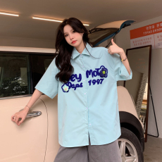 批发潮牌字母<b class='q'>花朵</b>刺绣夏季短袖衬衣日系小众学院风情侣衬衫男女<b class='q'>外套</b>潮