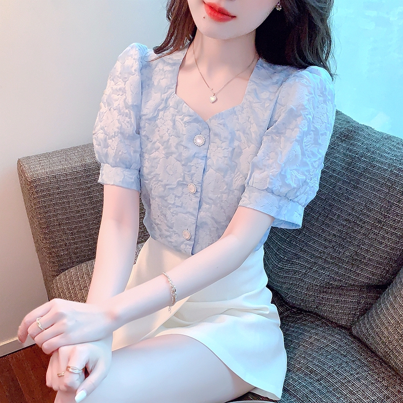 FA16122# 泡泡袖方领雪纺衬衫女装夏装新款薄款开衫减龄短袖白色上衣 服裝批發女裝批發服飾貨源