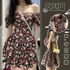 Ramp纯欲风甜辣玫瑰碎花连衣裙女夏季新款法式短裙收腰辣妹裙