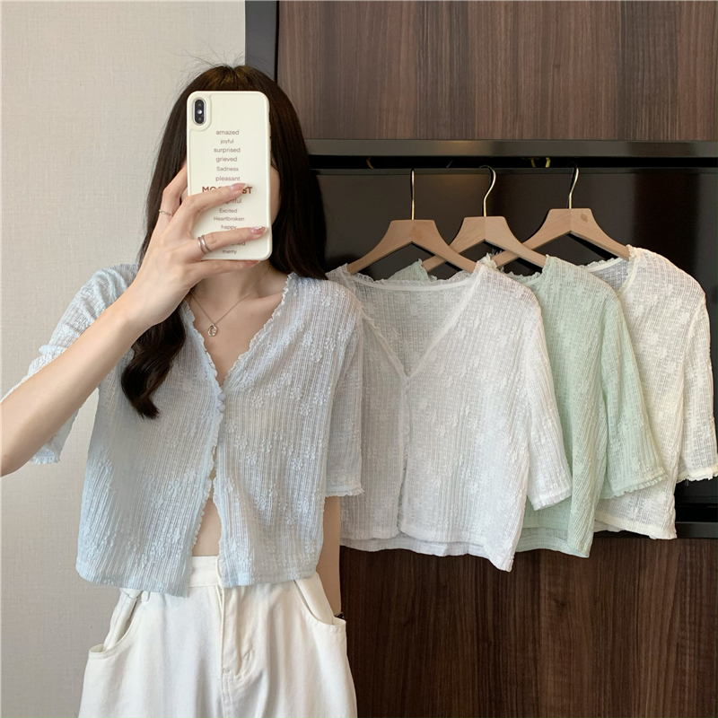 Actual shot and real price ~ Summer Korean style versatile V-neck see-through two-button short-sleeved thin sun protection knitted cardigan top for women