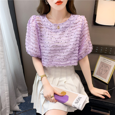 实拍韩版夏季新款法式温柔风蕾丝雪纺衬衫褶皱波点微透拼接短袖上衣