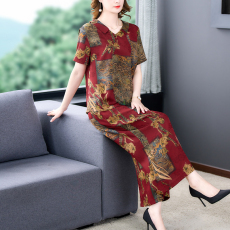 批发夏季新款中老年妈妈加肥加大时尚高端短袖重磅真丝上衣阔腿裤套装