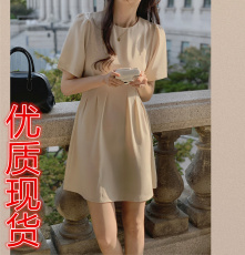 韩版 简约气质纯色圆领短袖连衣裙