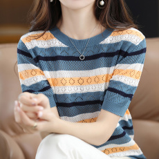 夏棉麻镂空撞色半袖T恤女宽松休闲拼色复古纯棉短袖亚麻针织上衣