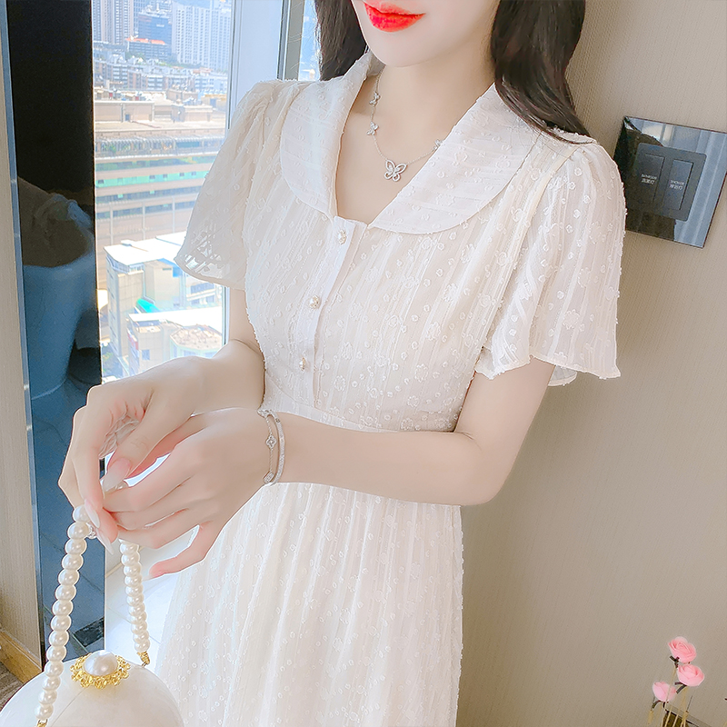 실사 프랑스식 부드러운 바람 베이비 칼라 반팔 여성 드레스 슈퍼 요정 센 부서 허리 수축 작은 키 신선함 달콤한