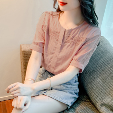 批发实拍2026棉布田园风2022新款花边提花V领短袖吸汗透气休闲女衬衫