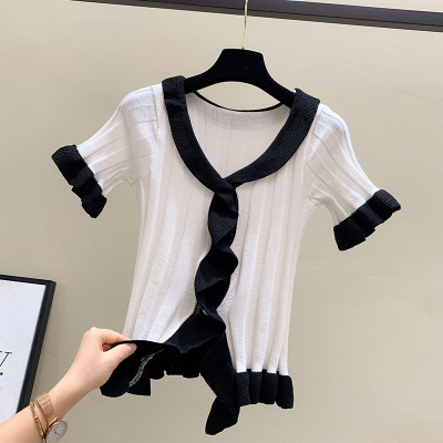 小香风法式短袖针织衬衫女韩国2022新款时尚别致设计感小众上衣潮