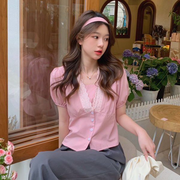 KM13451# 韩版ins风复古蕾丝拼接上衣别致假两件设计感泡泡袖衬衫