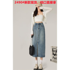 批发小众设计感开叉半身裙女夏小个子高腰显瘦包臀a字中长裙牛仔长裙