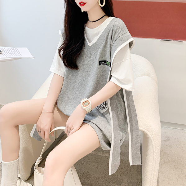 KM13381#潮流韩版棉质中长款新款刺绣拼接假两件短袖t恤大码女装