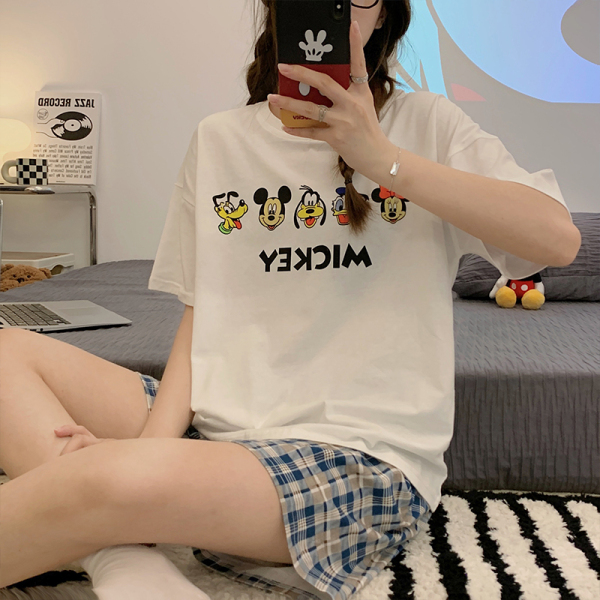 KM13584#棉夏季短袖短裤针织棉卡通睡衣女套装 M-XXL