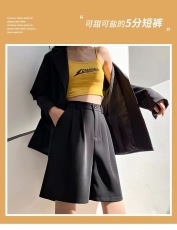 黑色西装短裤女夏季薄款小个子高腰显瘦宽松休闲阔腿中裤五分裤子