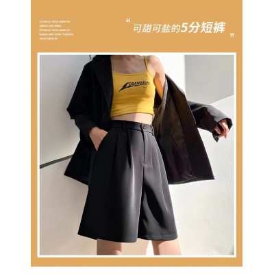 黑色西装短裤女夏季薄款小个子高腰显瘦宽松休闲阔腿中裤五分裤子