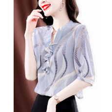 批发重磅<b class='q'>真丝</b><b class='q'>衬衫</b>女2026夏新款时尚短袖V领荷叶边气质小衫桑蚕丝上衣