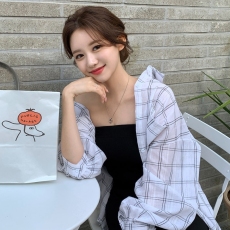 批发韩版夏季休闲<b class='q'>大码</b>宽松格子防晒衣外套女原宿风百搭衬衣衬衫