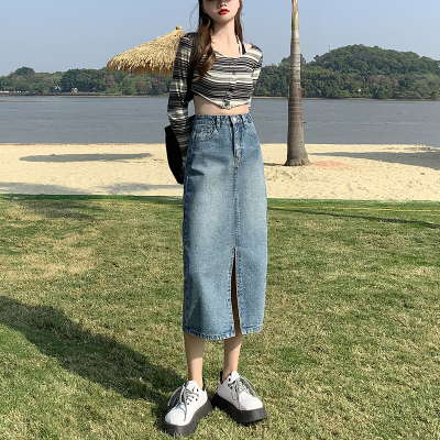 前开叉牛仔半身裙女2022年夏季新款高腰a字中长款包臀裙百搭宽松