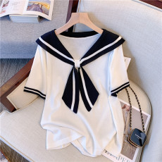 批发实拍大码女装胖MM宽松复古海军领遮肚显瘦薄款减龄T恤