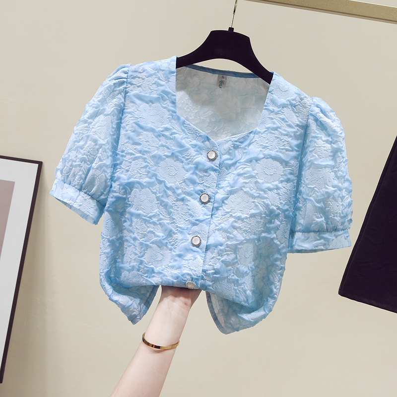 RY2483# 泡泡袖方领雪纺衬衫女装夏装2026年新款薄款开衫减龄短袖白...