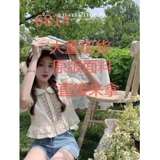 批发迟伞伞 罗马少女 复古娃娃领花襟衬衫女夏全棉米白色花边短袖上衣