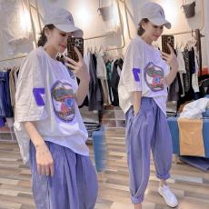 批发539#网红特大码<b class='q'>女装</b>300斤夏季印花短袖T恤+宽松休闲<b class='q'>哈伦裤</b>两件套