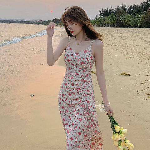 트임 슬립 꽃무늬 여성 드레스 2026 여름 작은 키 허리 수축 프랑스식 레트로 해변가 해변 치마