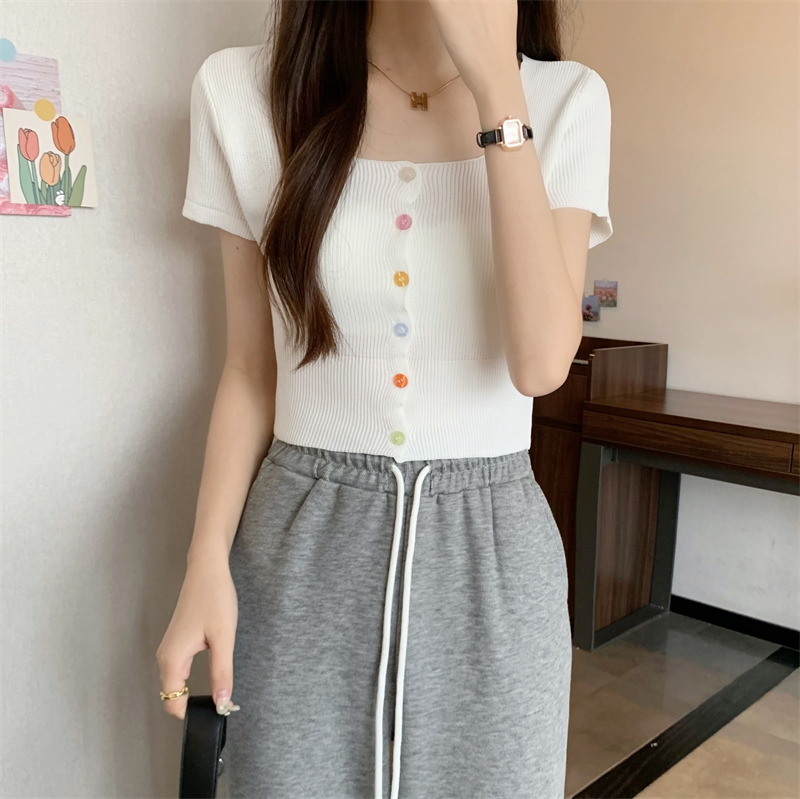Real shot and real price Summer new Korean style slim square collar rainbow single-breasted short sweater short-sleeved T-shirt