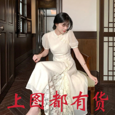 中国风改良版连衣裙女2022年夏季新款拼接蕾丝泡泡袖收腰法式旗袍
