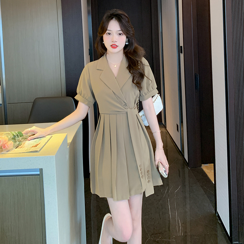 MY4484# 夏新款不规则系带百褶西装连衣裙韩版气质显瘦裙子女裝貨源服裝批發