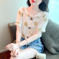 批发胖妹妹夏季2026新款<b class='q'>t</b><b class='q'>恤</b>女设计感衬衫<b class='q'>短袖</b><b class='q'>雪纺</b><b class='q'>衫</b>遮肚子娃娃领上衣