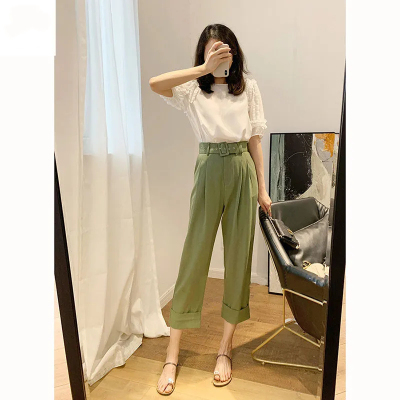 木耳拼接短袖T恤直筒裤两件套女2023夏季新款职业通勤套装潮