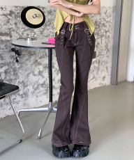 实拍2023春装新款欧美式潮复古低腰设计感牛仔裤女棕色微喇叭裤子