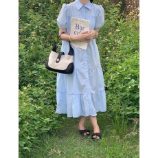 尺寸已更新 韩国chic 夏季褶皱感拼接泡泡袖宽松连衣裙女