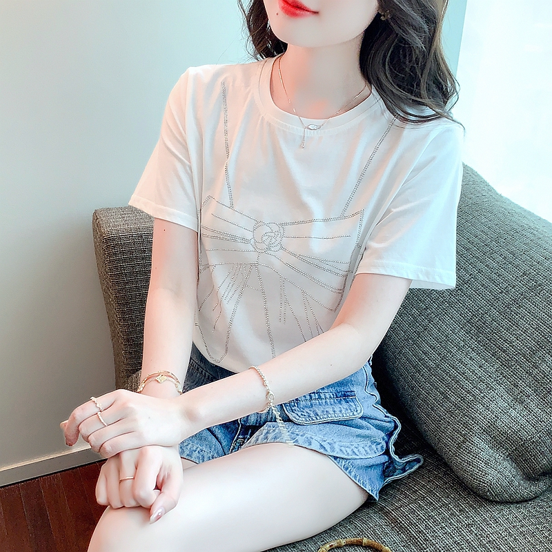 RY1086# 白色T恤女夏短袖宽松纯棉2026年新款镶钻夏季百搭设计感小众上衣